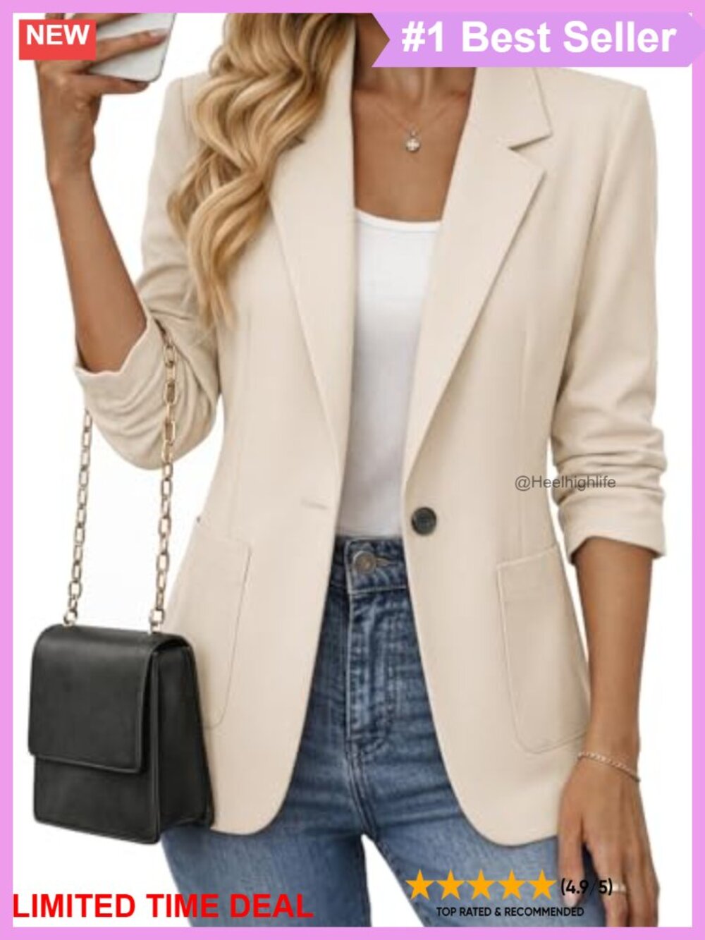 Lightweight Fitted Ruched 3/4 Sleeve Blazer Business Casual Jacket